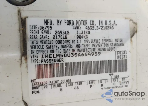 1995 Mercury Sable Gs z USA, uszkodzony, nr VIN 1MELM50U3SA654939